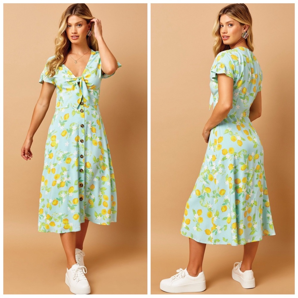 •BEACH BUNNY•Haley Citrus Lemon Print Midi Dress Cut Out Knot Tie Detail Size XS